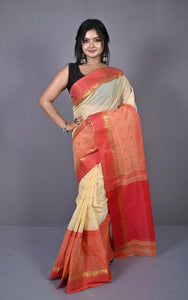 Designer Bengal Tangail Hazar Butti Cotton Saree in Cream and Red