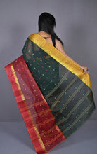 Designer Bengal Tangail Hazar Butti Cotton Saree in Black, Dark Red and Golden Yellow