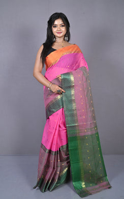 Designer Bengal Tangail Hazar Butti Cotton Saree in Rose Pink, Mustard Golden and Dark Green