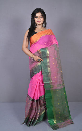 Designer Bengal Tangail Hazar Butti Cotton Saree in Rose Pink, Mustard Golden and Dark Green