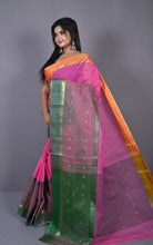 Designer Bengal Tangail Hazar Butti Cotton Saree in Rose Pink, Mustard Golden and Dark Green