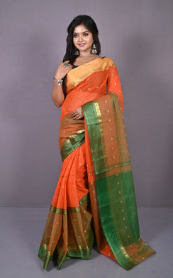 Designer Bengal Tangail Hazar Butti Cotton Saree in Orange, Warm Beige and Natural Green