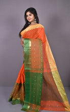 Designer Bengal Tangail Hazar Butti Cotton Saree in Orange, Warm Beige and Natural Green