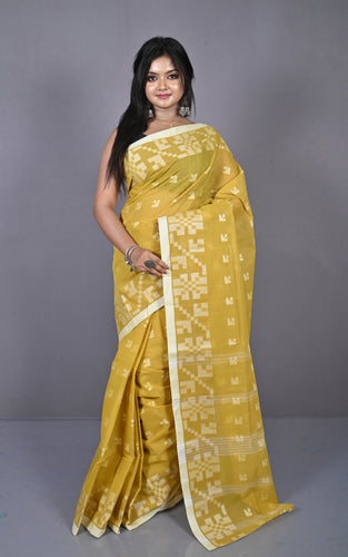 Designer Bengal Tangail with Block Geometric Work Cotton Saree in Turmeric, Alpine and Off White