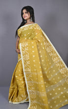Designer Bengal Tangail with Block Geometric Work Cotton Saree in Turmeric, Alpine and Off White