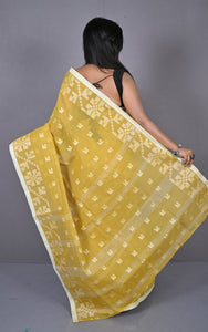 Designer Bengal Tangail with Block Geometric Work Cotton Saree in Turmeric, Alpine and Off White