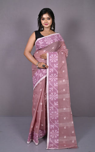 Designer Bengal Tangail with Block Geometric Work Cotton Saree in Rosy Brown, Pink Pearl and Off White