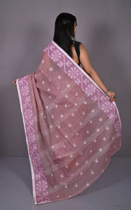 Designer Bengal Tangail with Block Geometric Work Cotton Saree in Rosy Brown, Pink Pearl and Off White