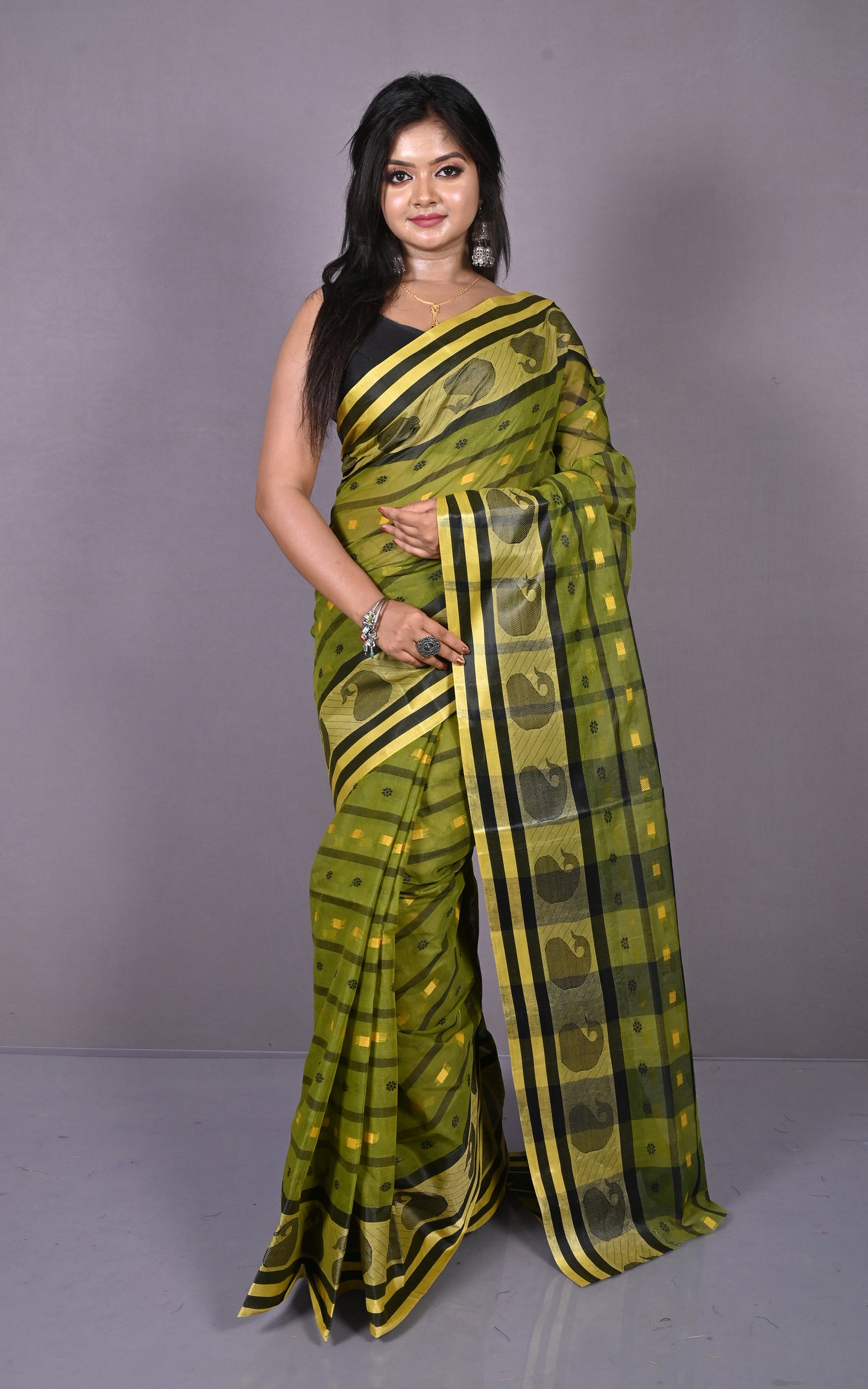 Designer Bengal Tangail Checks with Nakshi Butti Cotton Saree in Olive Green, Black and Beige