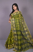 Designer Bengal Tangail Checks with Nakshi Butti Cotton Saree in Olive Green, Black and Beige