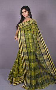 Designer Bengal Tangail Checks with Nakshi Butti Cotton Saree in Olive Green, Black and Beige