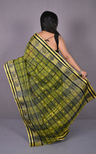 Designer Bengal Tangail Checks with Nakshi Butti Cotton Saree in Olive Green, Black and Beige