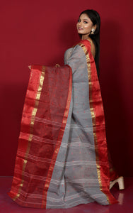 Designer Bengal Tangail Hazar Butti Cotton Saree in Gey, Red and Golden