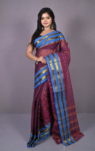 Designer Metro Nakshi Border Bengal Tangail Hazar Butti Cotton Saree in Black Berry and Royal Blue