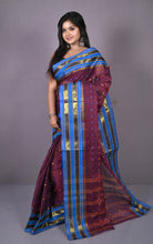 Designer Metro Nakshi Border Bengal Tangail Hazar Butti Cotton Saree in Black Berry and Royal Blue