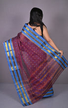 Designer Metro Nakshi Border Bengal Tangail Hazar Butti Cotton Saree in Black Berry and Royal Blue
