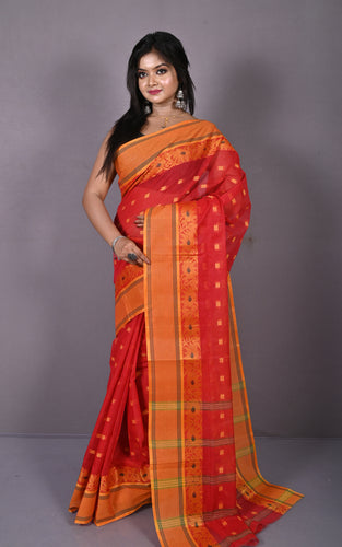 Matta Border with Lotus and Paisley Nakshi Work Bengal Tangail Hazar Butti Cotton Saree in Red, Green and Orange
