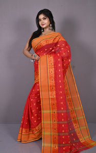 Matta Border with Lotus and Paisley Nakshi Work Bengal Tangail Hazar Butti Cotton Saree in Red, Green and Orange