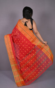 Matta Border with Lotus and Paisley Nakshi Work Bengal Tangail Hazar Butti Cotton Saree in Red, Green and Orange