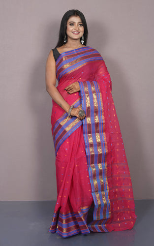 Designer Bengal Tangail Hazar Butti Cotton Saree in Hot Pink, Blue and Beige