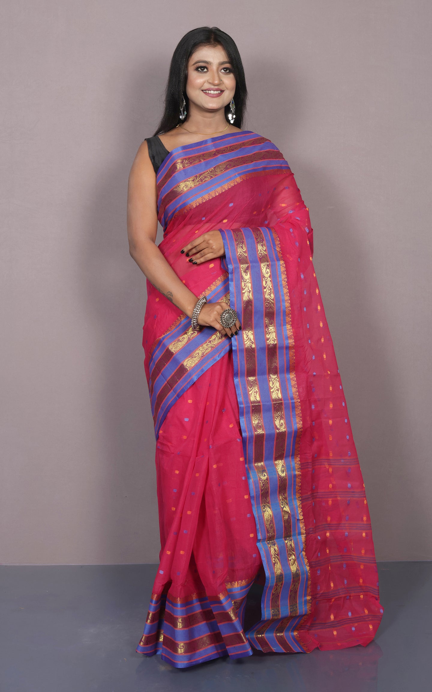 Designer Bengal Tangail Hazar Butti Cotton Saree in Hot Pink, Blue and Beige