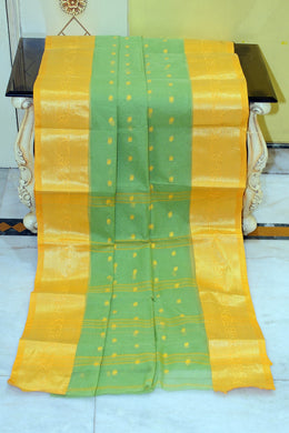 Bengal Tangail Hazar Butti Jacket Zari Nakshi Golden Border Cotton Saree in Bay Leaf Green and Old Gold