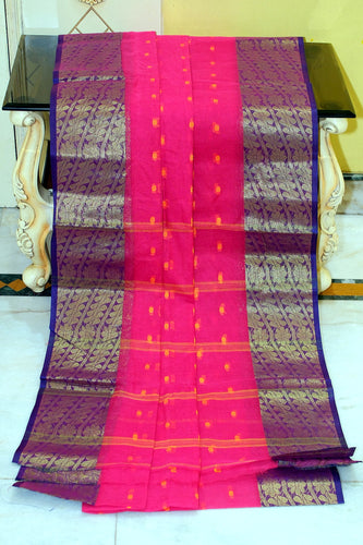 Bengal Tangail Hazar Butti Jacket Zari Nakshi Golden Border Cotton Saree in Hot Pink and Royal Blue