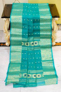 Tangail Handloom Cotton Banarasi Saree in Rama Green and Gold Zari Work