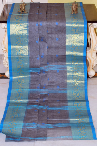 Bengal Handloom Cotton Hazar Buti Saree in Dark Grey and Blue