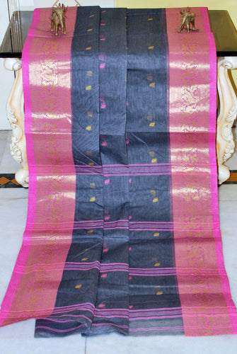 Bengal Handloom Cotton Hazar Buti Saree in Metallic Grey, Pink and Yellow