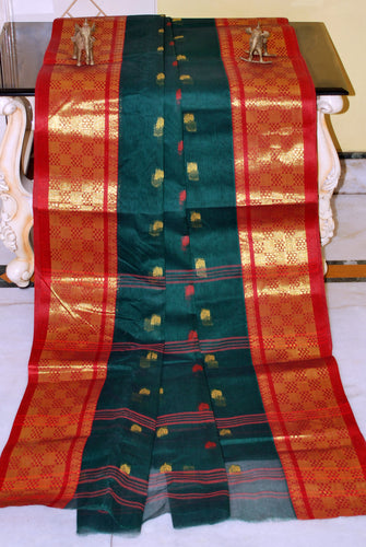 Bengal Handloom Cotton Hazar Buti Saree in Dark Green and Red
