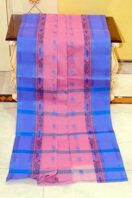 Bengal Tangail Hazar Butti Jacket Matta Thread Nakshi Border Cotton Saree in Persian Pink and Cornflower Blue