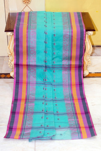 Bengal Tangail Hazar Butti Jacket Matta Thread Nakshi Border Cotton Saree in Light Seagreen, Purple, Navy Blue and Mustard Golden
