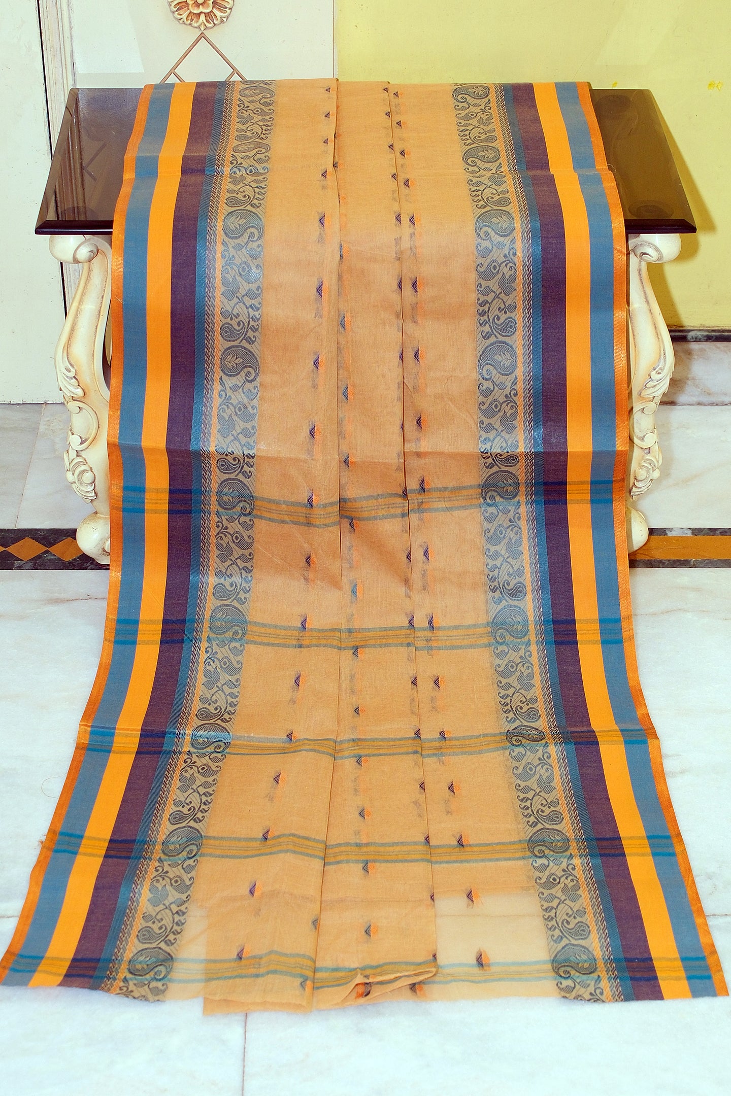 Bengal Tangail Hazar Butti Jacket Matta Thread Nakshi Border Cotton Saree in Tumbleweed, Java Blue, Navy Blue and Mustard Golden