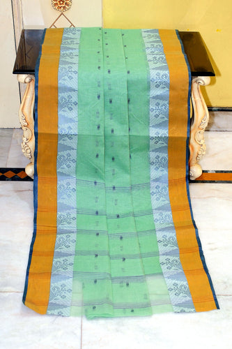 Bengal Handloom Cotton Saree in Spring Green, Fuel Blue and Navy Blue