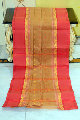 Bengal Tangail Hazar Butti Jacket Matta Thread Nakshi Border Cotton Saree in Buorbon, Cream Can and Red
