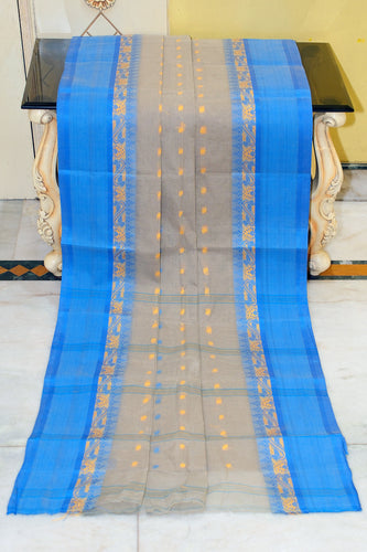 Bengal Tangail Hazar Butti Jacket Matta Thread Nakshi Border Cotton Saree in Cloud Grey, Yellow and Blue