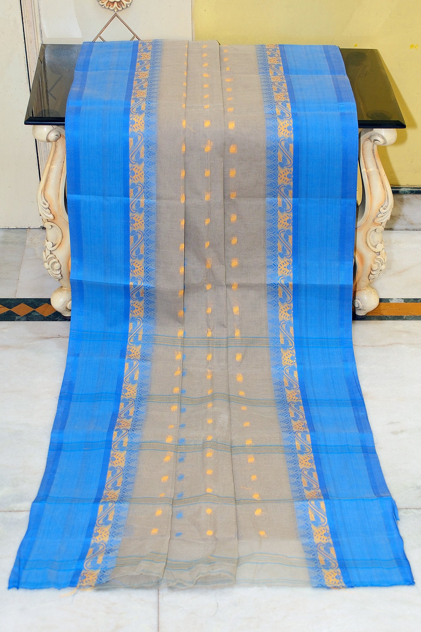 Bengal Tangail Hazar Butti Jacket Matta Thread Nakshi Border Cotton Saree in Cloud Grey, Yellow and Blue
