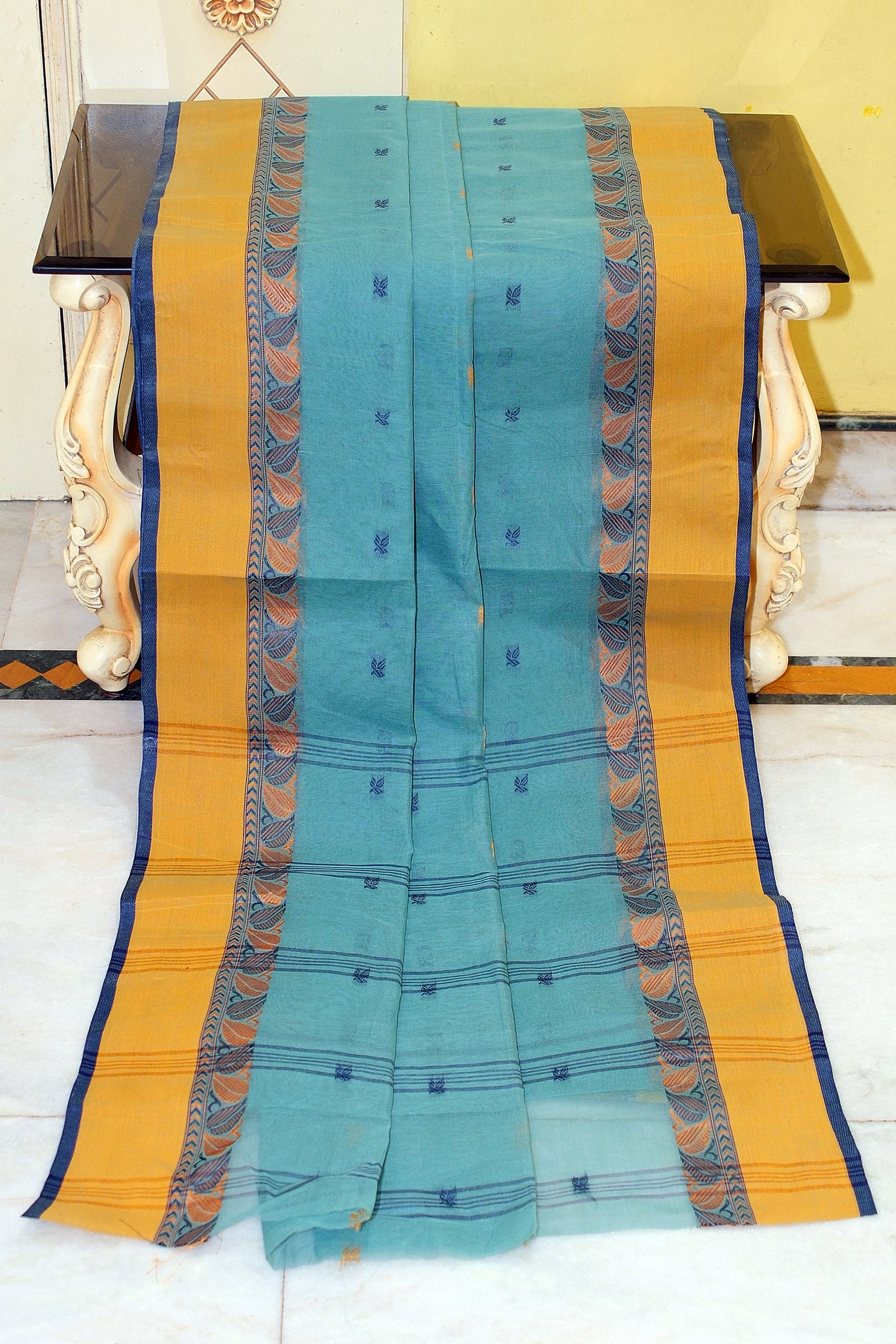 Bengal Tangail Hazar Butti Jacket Matta Thread Nakshi Border Cotton Saree in Boston Blue and Fuel Yellow