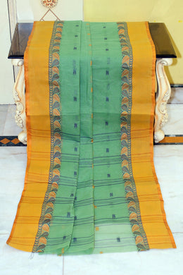 Bengal Tangail Hazar Butti Jacket Matta Thread Nakshi Border Cotton Saree in Bay Leaf, Navy Blue and Mustard Golden