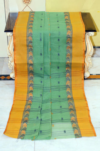 Bengal Tangail Hazar Butti Jacket Matta Thread Nakshi Border Cotton Saree in Bay Leaf, Navy Blue and Mustard Golden