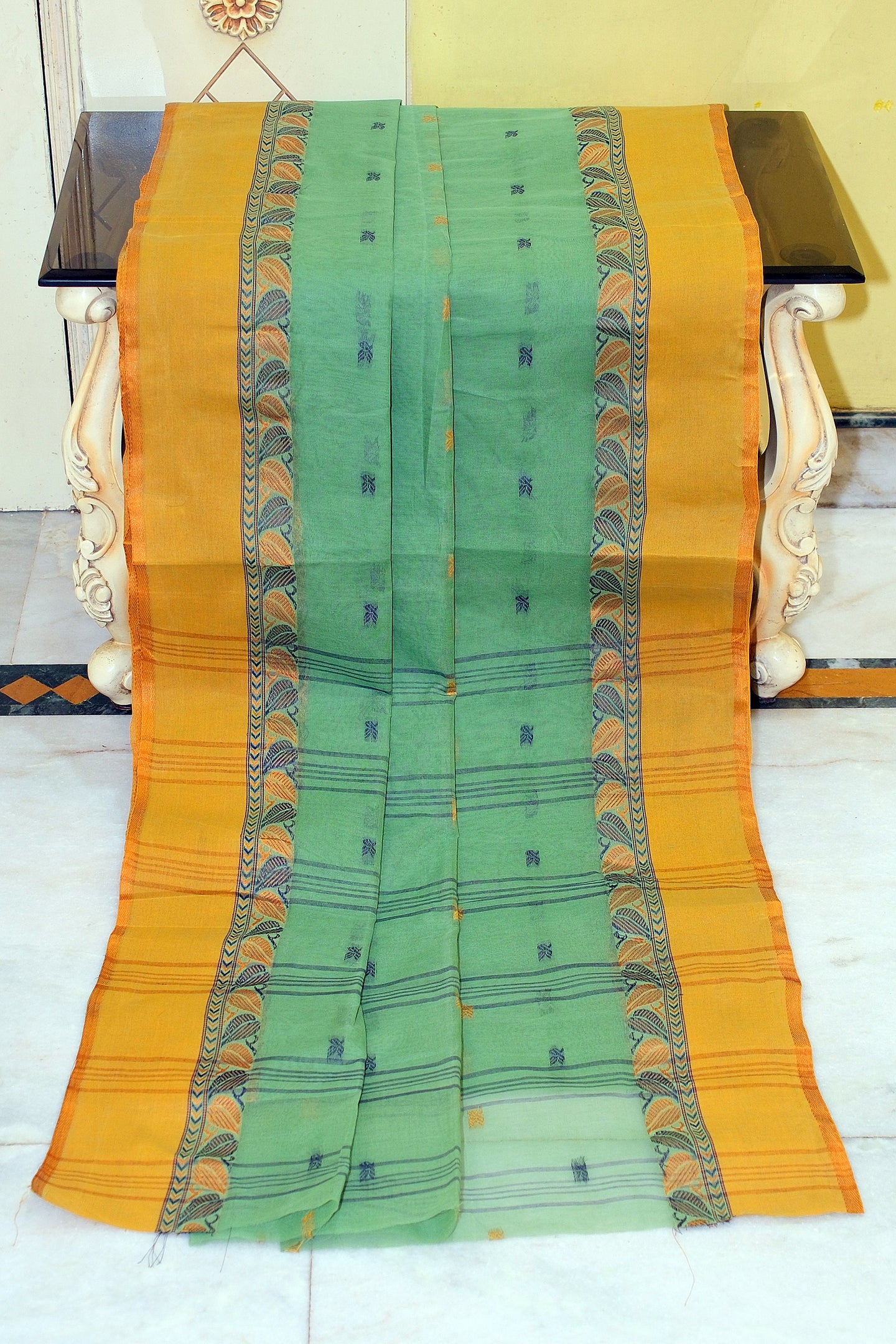 Bengal Tangail Hazar Butti Jacket Matta Thread Nakshi Border Cotton Saree in Bay Leaf, Navy Blue and Mustard Golden