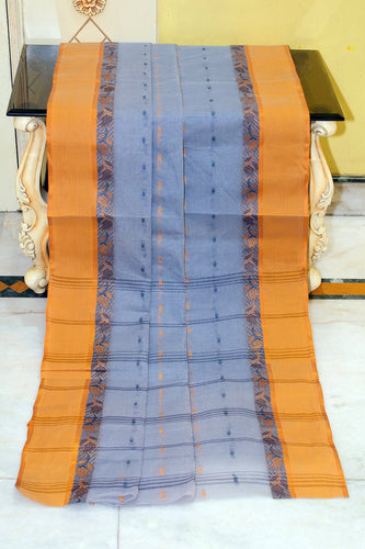 Bengal Tangail Hazar Butti Jacket Matta Thread Nakshi Border Cotton Saree in Polo Blue, Navy Blue and Mustard Golden