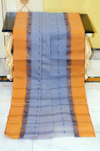 Bengal Tangail Hazar Butti Jacket Matta Thread Nakshi Border Cotton Saree in Polo Blue, Navy Blue and Mustard Golden