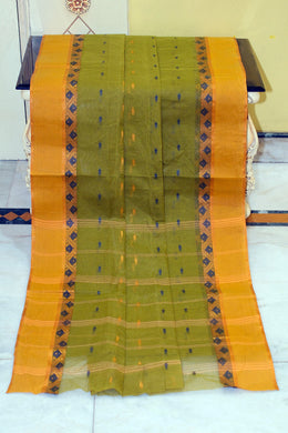 Bengal Tangail Hazar Butti Jacket Matta Thread Nakshi Border Cotton Saree in Fiji Green, Gamboge and Admiral Blue