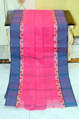 Bengal Tangail Hazar Butti Jacket Matta Thread Nakshi Border Cotton Saree in Brilliant Rose, Beige and Tory Blue