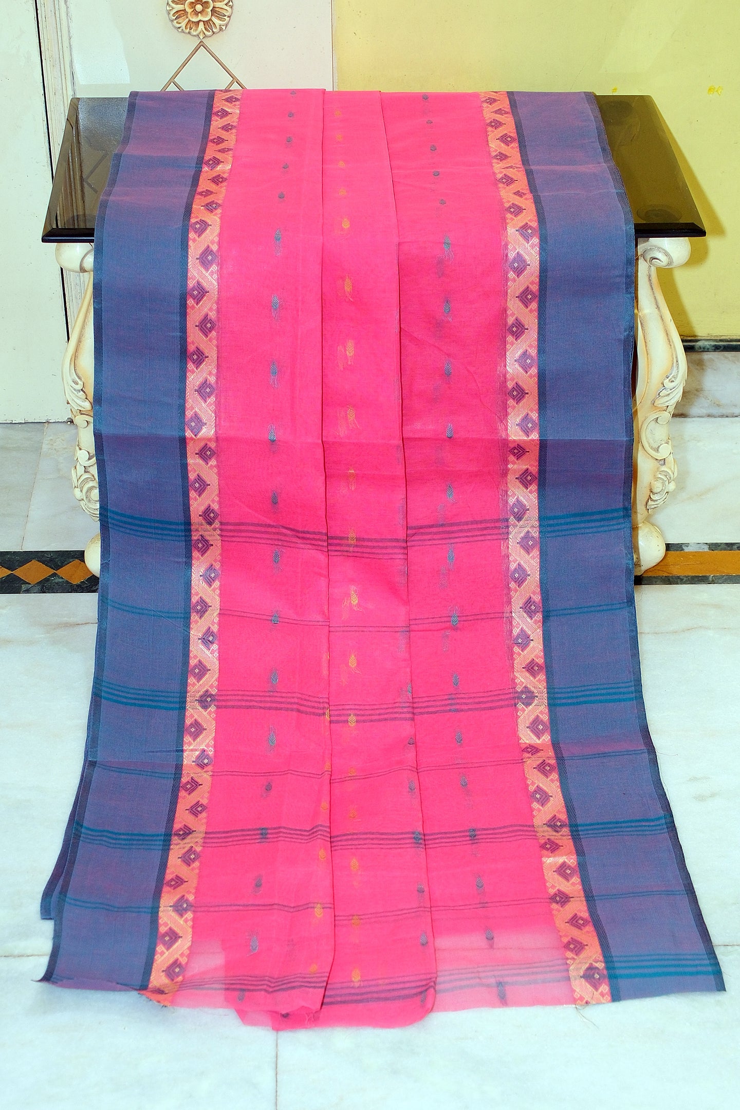 Bengal Tangail Hazar Butti Jacket Matta Thread Nakshi Border Cotton Saree in Brilliant Rose, Beige and Tory Blue