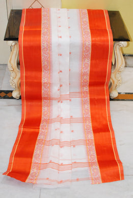 Velvet Border Bengal Handloom Hazar Butti Cotton Saree in White, Beige and Orange