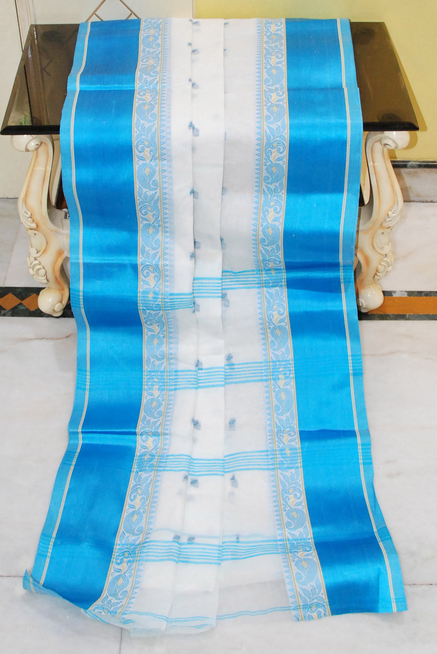 Velvet Border Bengal Handloom Hazar Butti Cotton Saree in White, Beige and Sky Blue