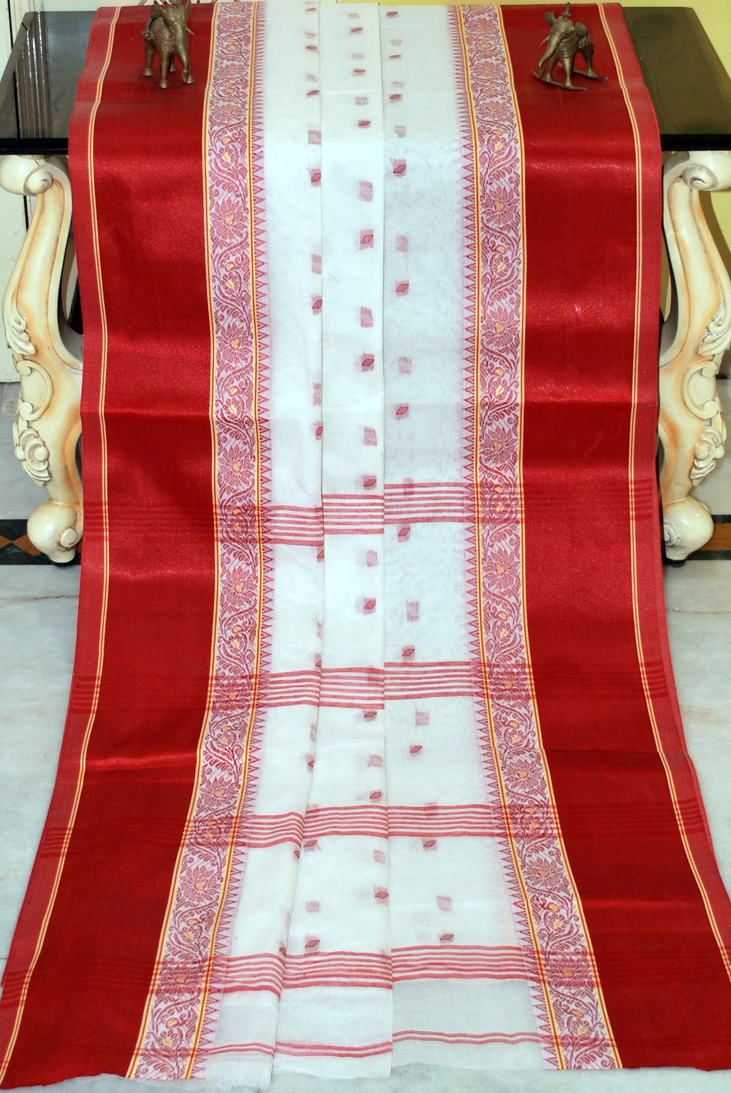 Velvet Border Bengal Handloom Hazar Butti Cotton Saree in White, Beige and Red
